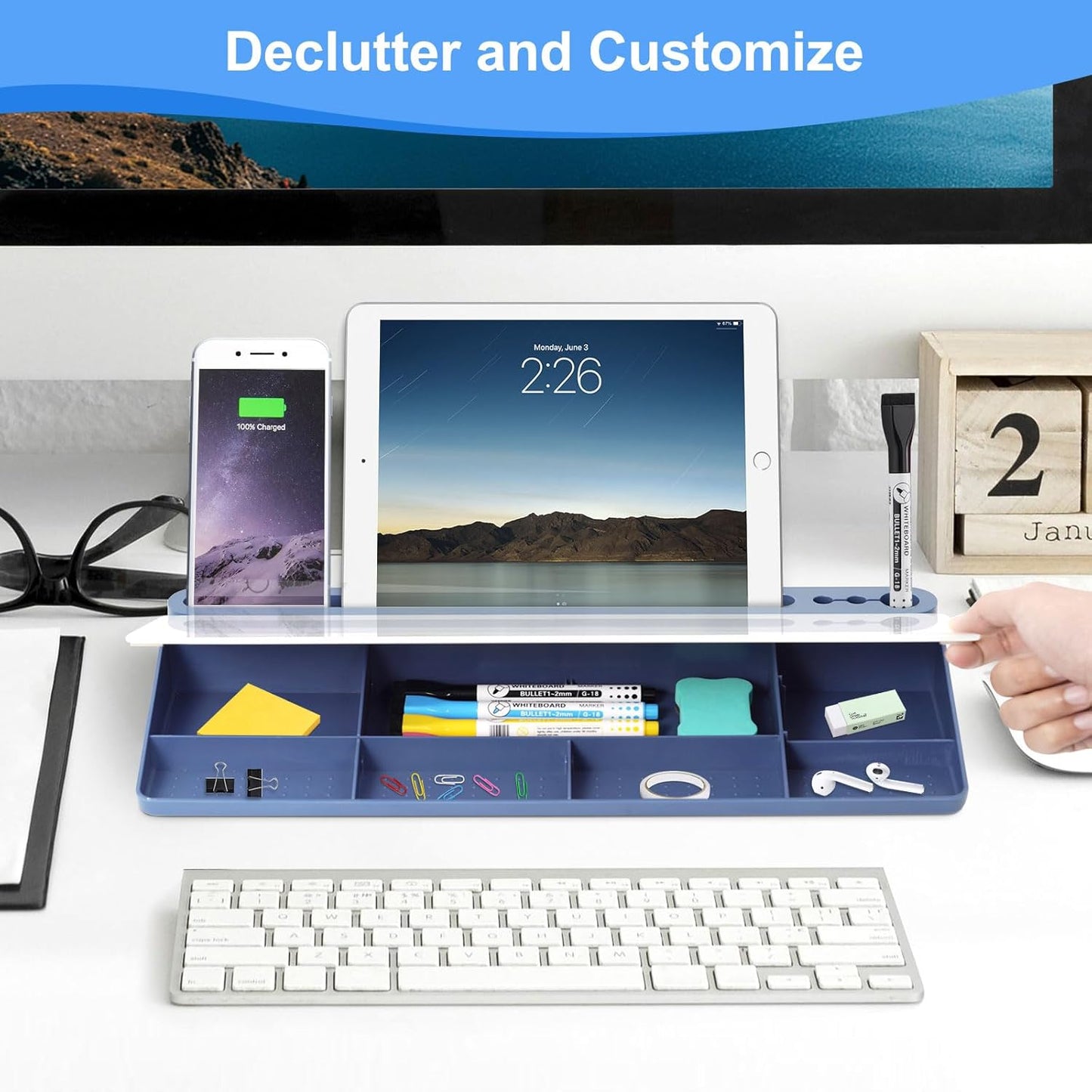 Glass Desktop Whiteboard with Storage, Desk White Board with Computer Keyboard Stand,White Dry Erase Board with Drawers for Home,School,Office - Blue