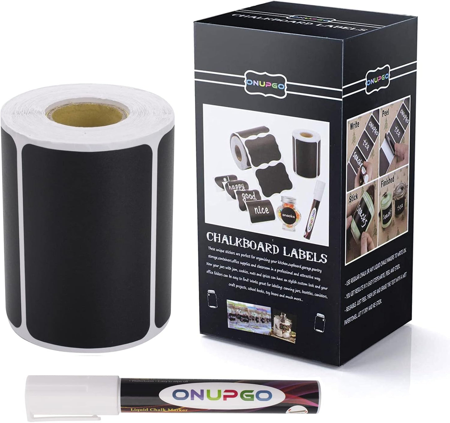 ONUPGO Chalkboard Labels-180pcs Waterproof Reusable Blackboard Stickers with 1 Liquid Chalk Marker for Mason Jars, Parties Decoration, Craft Rooms, Weddings, Storage, Organize Your Home & Kitchen