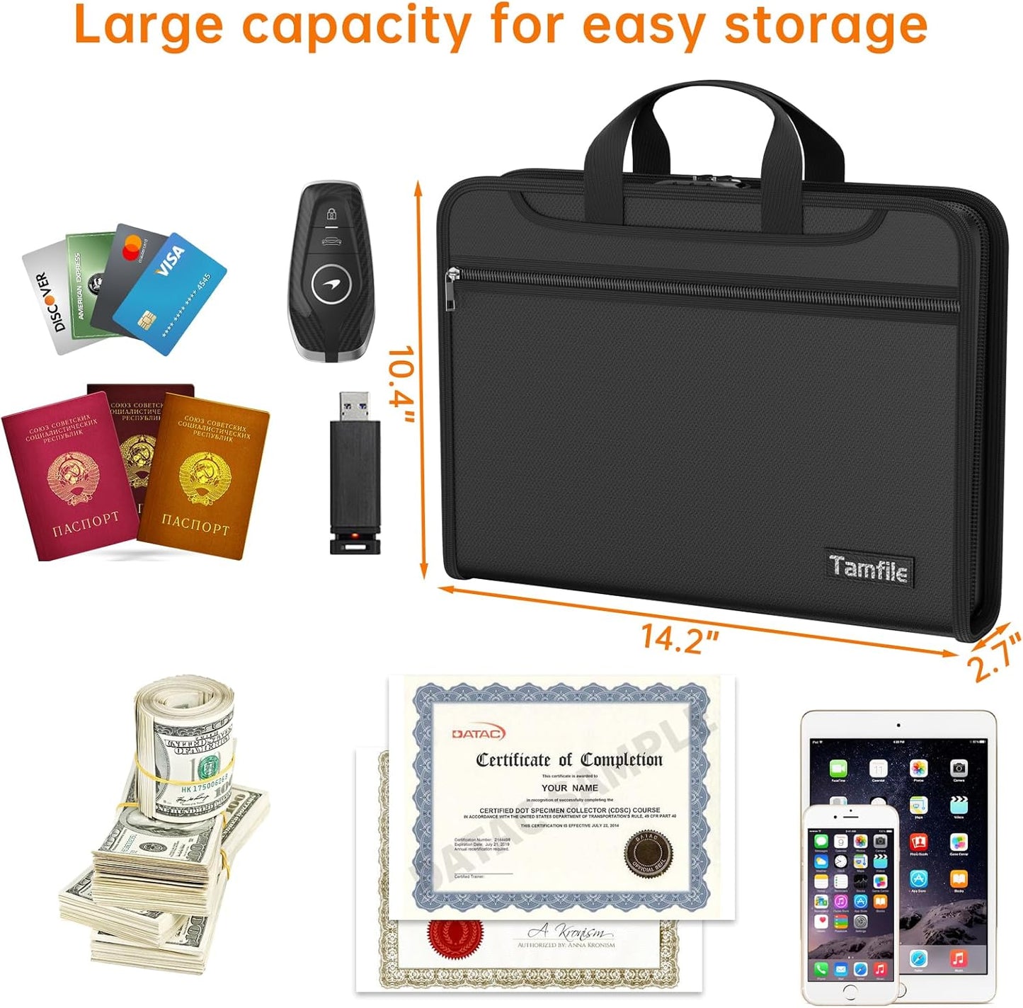 5200℉ Fireproof Accordion File Organizer with Lock, Thickened Document Organizer 13 Pocket with Zipper & Labels, Important Document Organizer, Expanding File Folder with Handle for Letter A4 (Black)