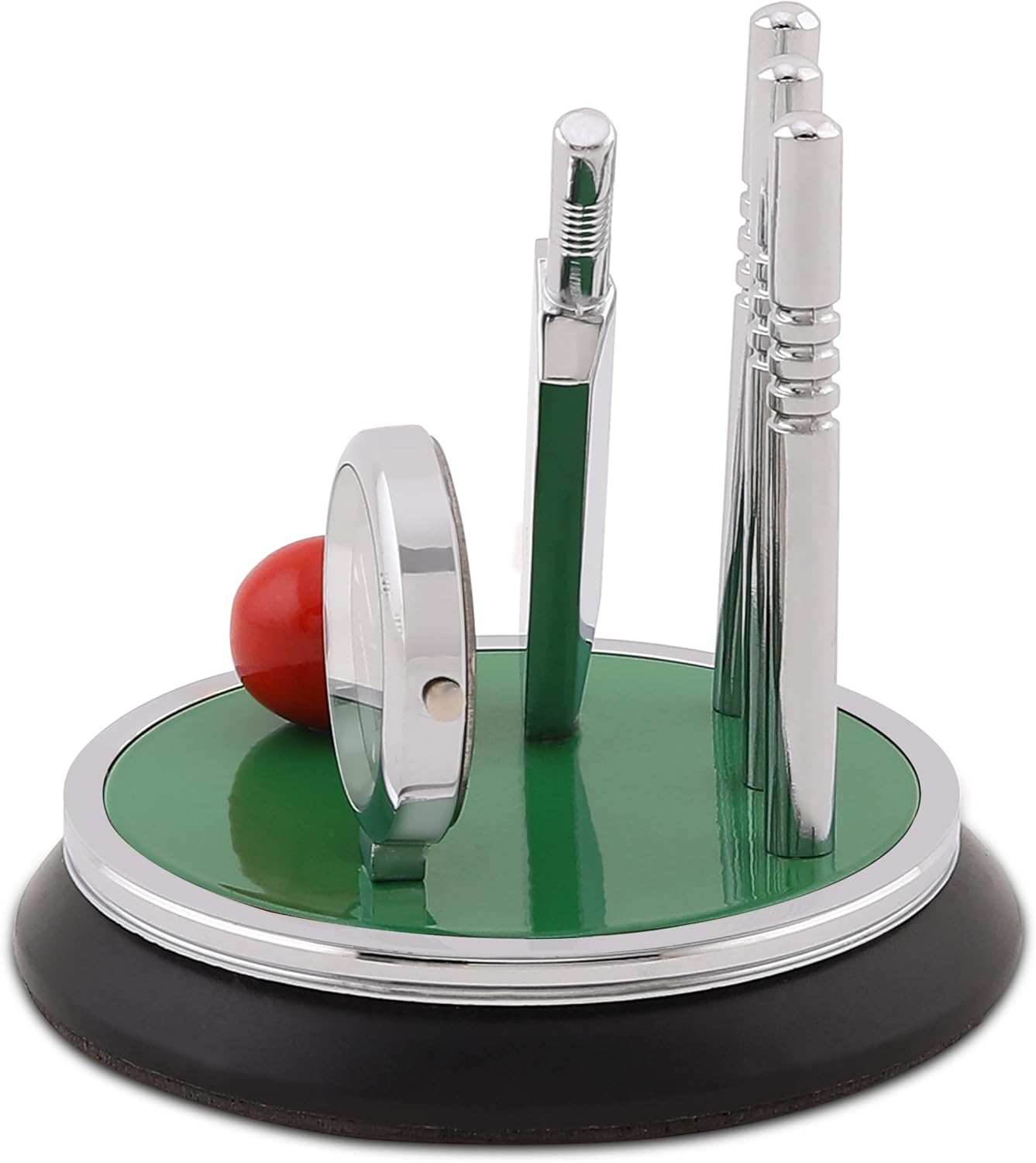 Metal Cricket Kit Style Table Clock, Silver Finish Clock with Bat, Ball & Stumps, Battery Operated Desk Showpiece, Paperweight for Office, Home Decor, Gift for Cricket Lovers