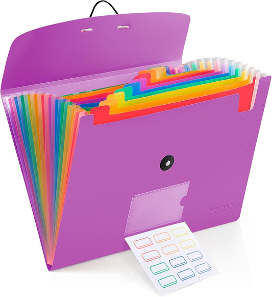 13 Pocket Expanding File Folder Accordian File Organizer, A4 Letter Size Paper Document Receipt Holder for School Office Supplies, Purple