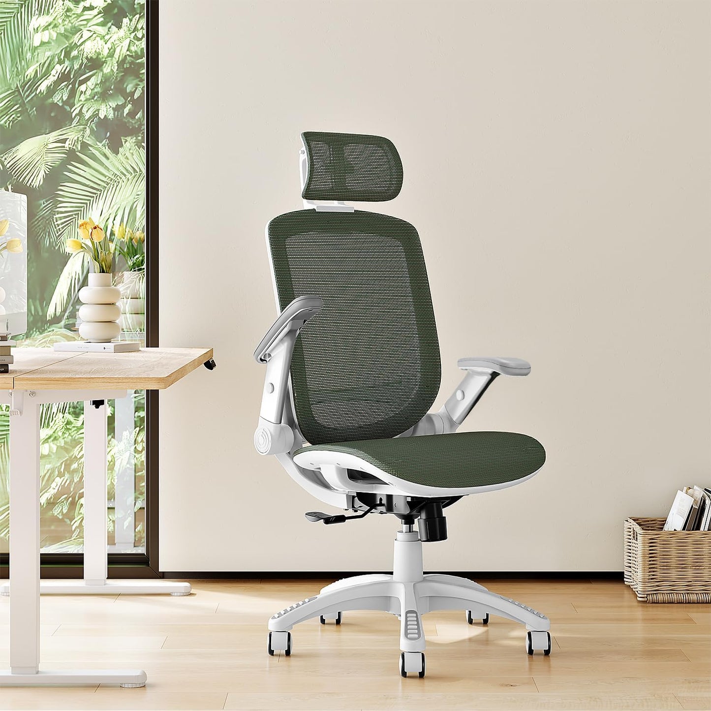GABRYLLY Ergonomic Office Chair, High Back Home Desk Chair with Headrest, Flip-Up Arms, 90-120° Tilt Lock and Wide Cushion, 400LBS Mesh Chairs for Man Woman, White Task Chair(Olive Green,GY01WOG)