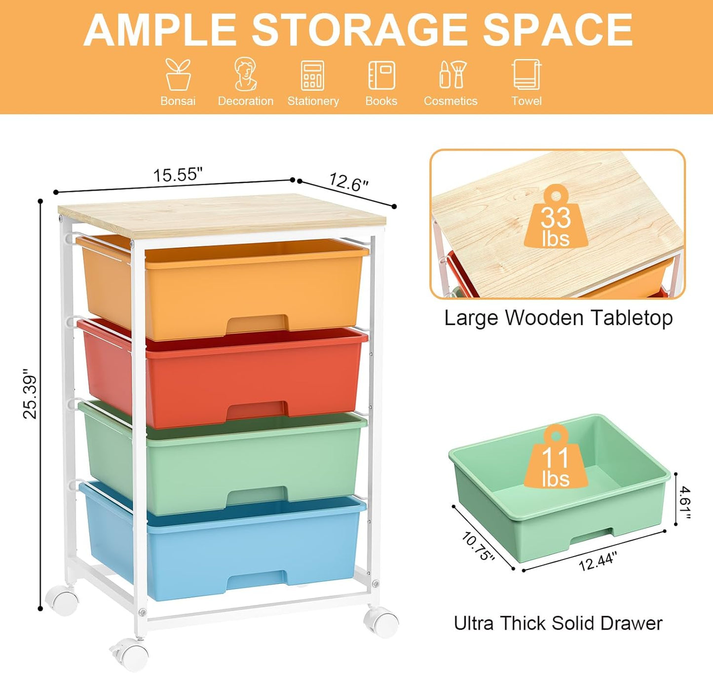 Utility-Rolling-Storage-Drawer-Craft-Cart-Organizer with 4 Drawers and Wooden Tabletop & Lockable Wheels for Home Office, Bedroom, Kids Room, Classroom, 4 Tiers Under Desk Drawer Cart, Macaron