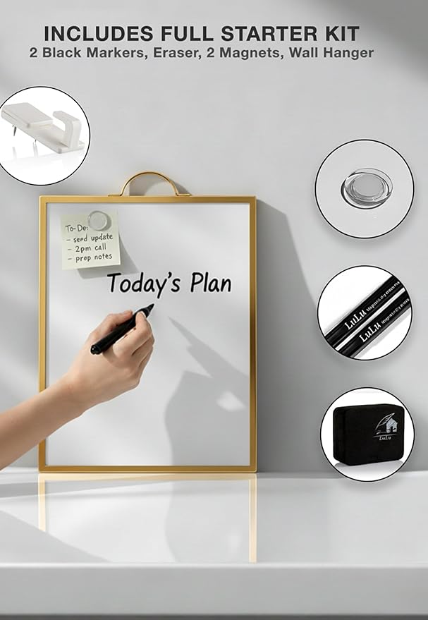 Small Whiteboard 12 x 16 Inch Magnetic Dry Erase Board with Handle | Gold Aluminum Frame | Double-Sided Portable Desktop Board | 2 Markers, Eraser & 2 Magnets