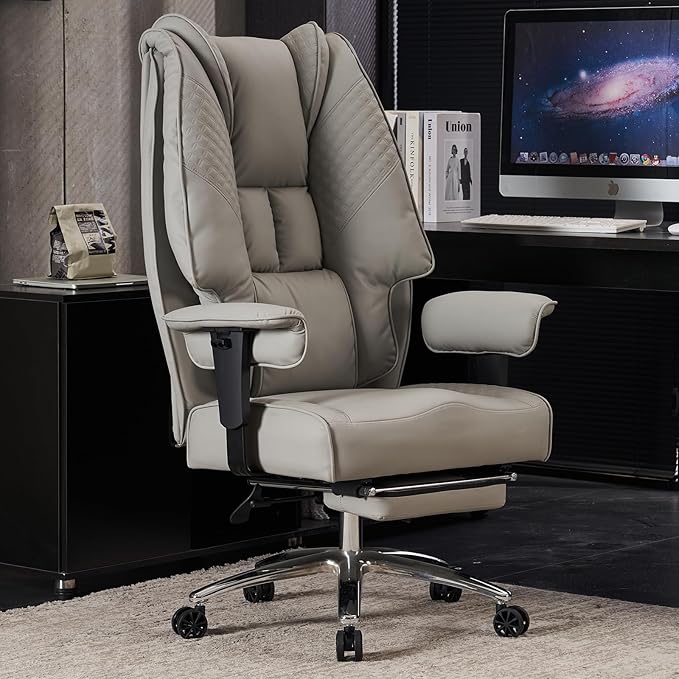 Big and Tall Office Chair 400lbs Wide Seat, Leather High Back Executive Office Chair with Foot Rest, Ergonomic Chairs Lumbar Support for Lower Back Pain Relief (Light Grey)