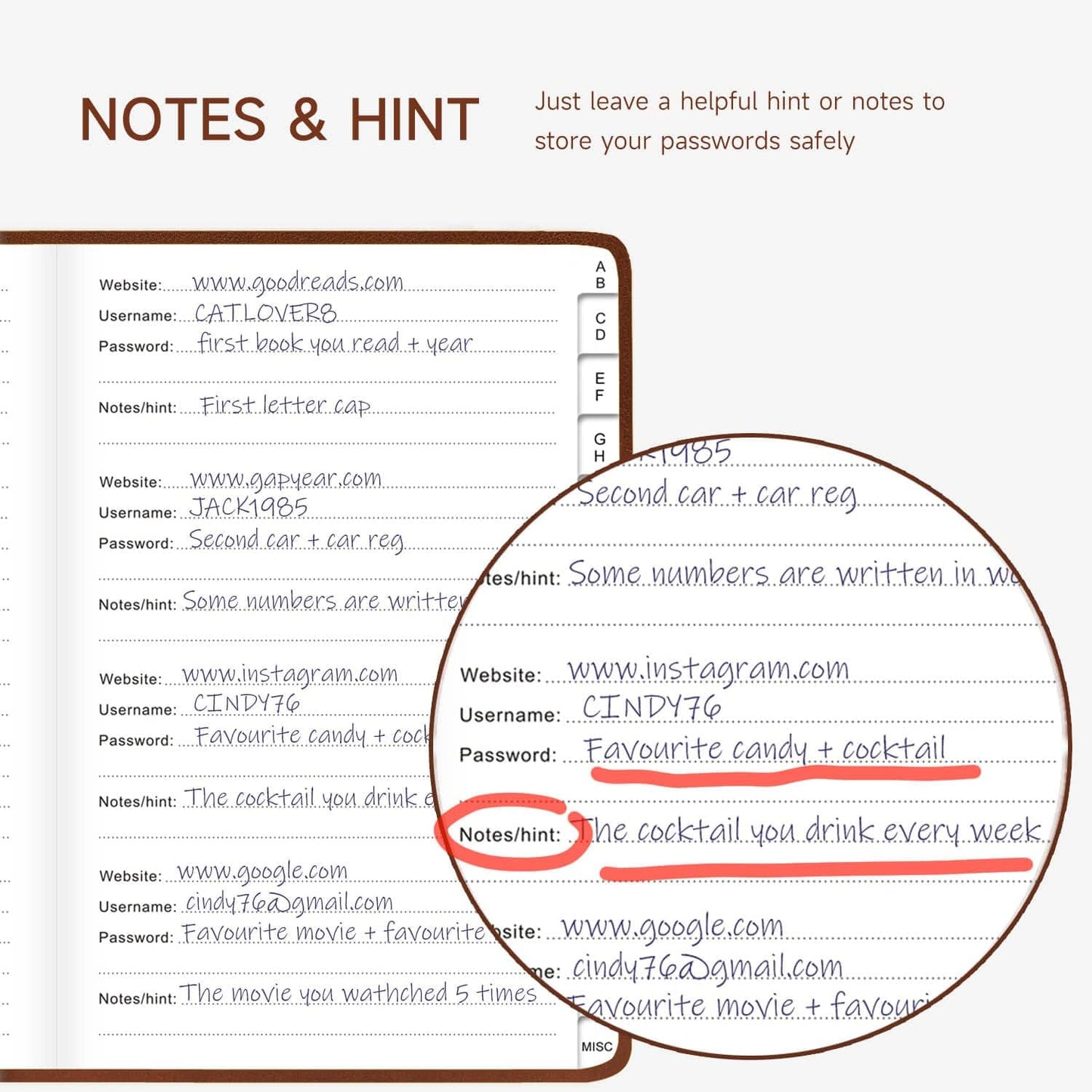 Password Book with Alphabetical Tabs – Hardcover Internet Address & Password Organizer – Password Keeper Notebook for Computer & Website – 5.2 x 7.6" Log-in Password Journal w/Thick Paper (Brown)