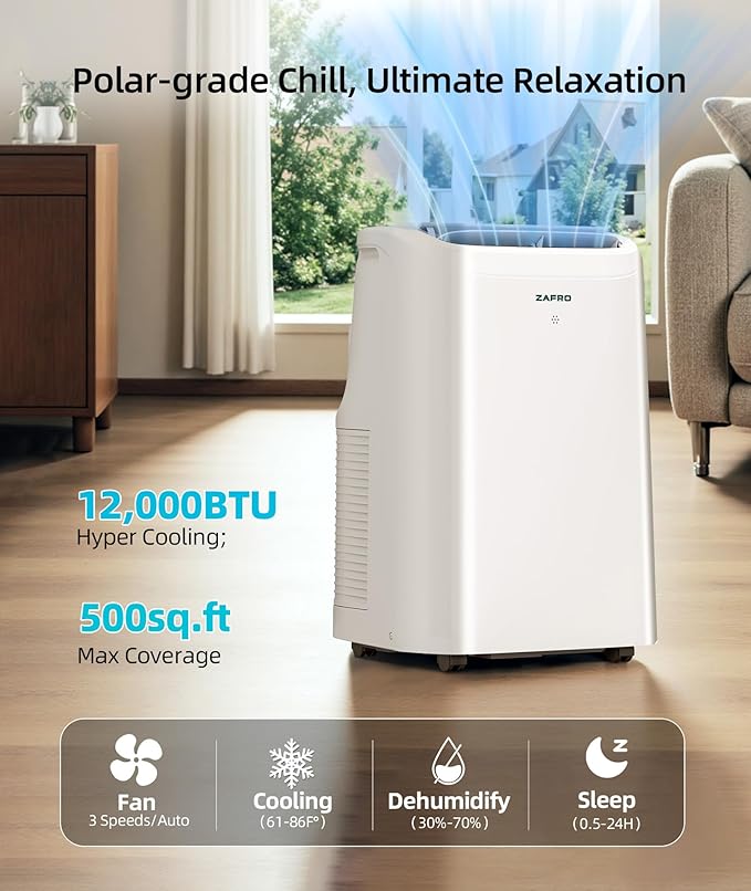 ZAFRO 12000 BTU Portable Air Conditioners (8000 BTU SACC), AC Unit for Bedroom with Drainage-free Cooling, Fan & Dehumidifier, 47dB Quiet, 24H Timer, APP Control/Remote/LED Display