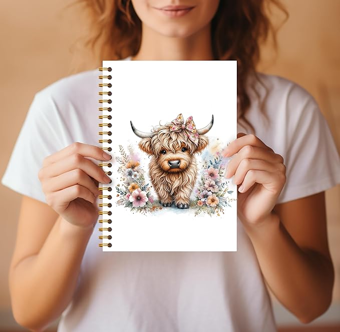 Floral Highland Cow Notebook - Western Notebook, Cow Notebook, Highland Cow Office Supplies, Highland Cow Gifts, Cute Highland Cow Stuff, Farmhouse Highland Cows Spiral Notebook 5.5x8.3