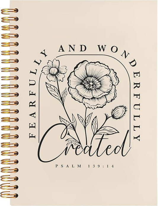 BearCake Floral Christian Notebook Journal, Christian Gifts for Women, Fearfully and Wonderfully Bible Journaling Prayer Journal for Women, Neutral Hardcover Spiral Notebook 5.5x8.3