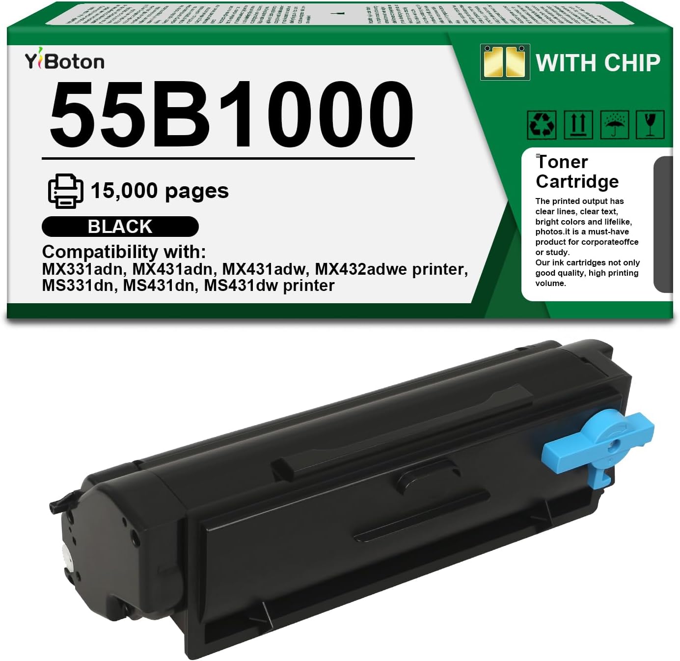 High Yield 55B1000 Black Toner Cartridge Compatible with Lexmark 55B1000 55B1H00 Toner Cartridge for MS331dn MS431dn MS431dw MX331adn MX431adn MX431adw MX432adwe Laser Printer(3,000 Pages)