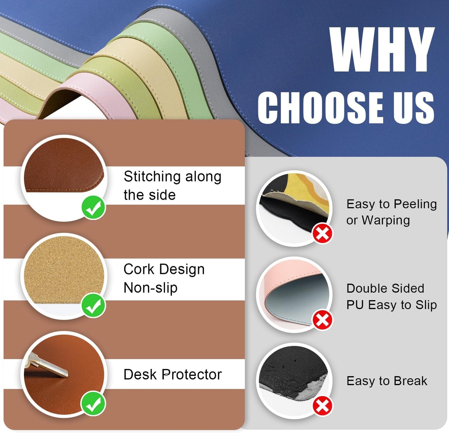 Large Desk Pad 35.4" x 17", Non-Slip Desk Mat with PU Leather & Natural Cork, Waterproof Writing Desk Natural Cork, Computer Mat Desk Protector for Office Home, Brown