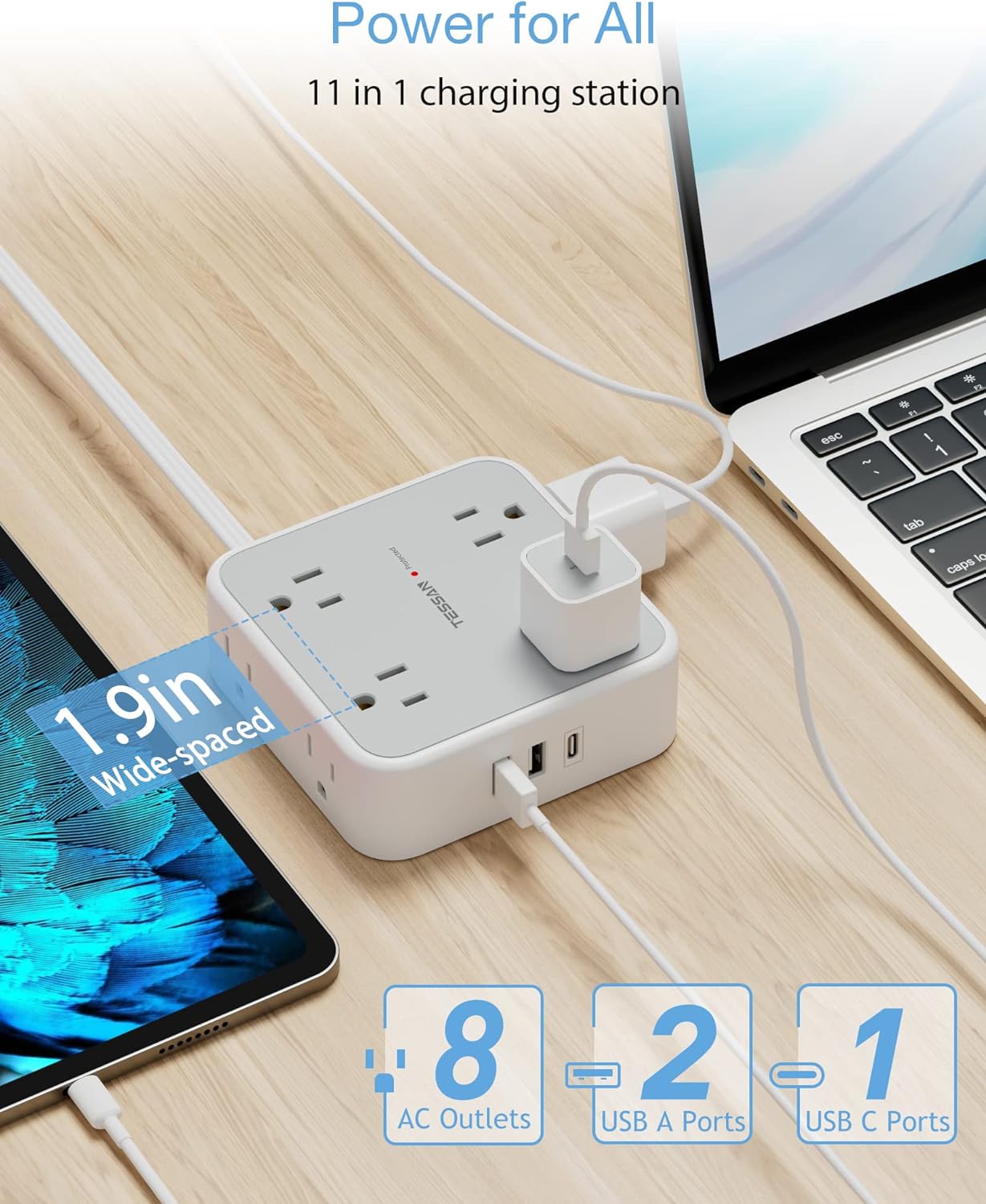 Surge Protector Power Strip 15 Ft Cord, TESSAN 8 Widely Spaced Outlets, 3 USB Charger(1 USB C Port), Ultra Thin Flat Plug Extension Cord 15 Feet, 900J Surge Protection for Home, Dorm Room Essentials