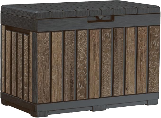 Keter Signature Everwood 50 Gallon Resin Outdoor Storage Box and Patio Furniture Side Table for Pool and Garden Accessories, Walnut