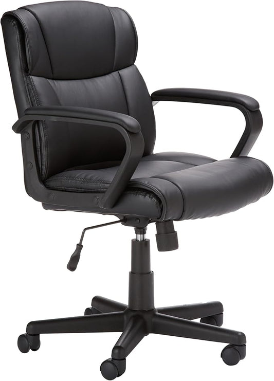 Amazon Basics Office Computer Task Desk Chair with Padded Armrests, Mid-Back, Adjustable, 360 Swivel, Rolling, 275 Pound Capacity, 24.2"D x 24"W x 34.8"H, Black Faux Leather
