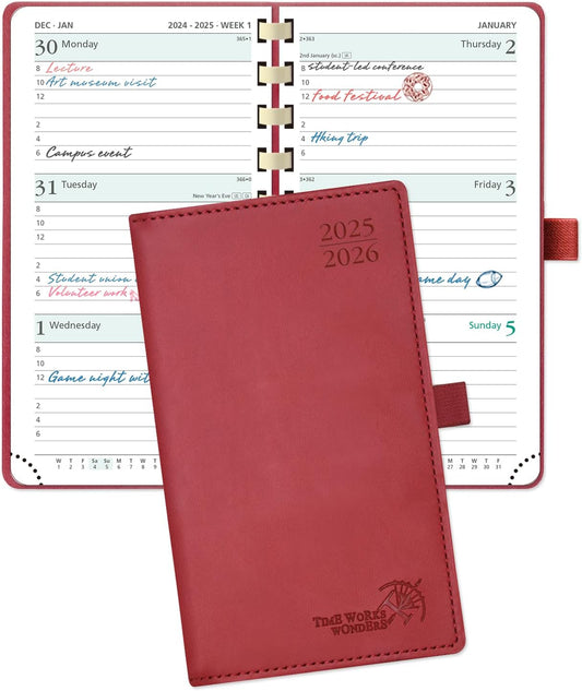 POPRUN Pocket Planner 2025-2026 (Slim Size 3.5'' x 6.5'') Academic Purse Calendar (July 2025 - June 2026) with Hourly Time Slots, 100GSM Thick Paper, Spiral Soft Cover - Burgundy Red
