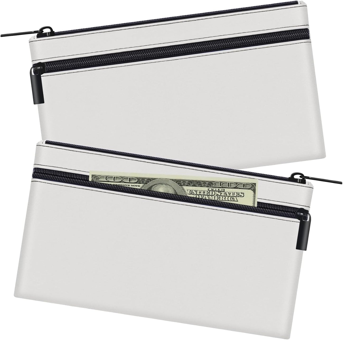 HAUTOCO 2 Pack Money Bag with Zipper 11x6.1 inch Money Pouch with Lined PU Leather Bank Bag Two Pockets Utility Wallet for Cash Check Receipt Coins Cosmetics, White