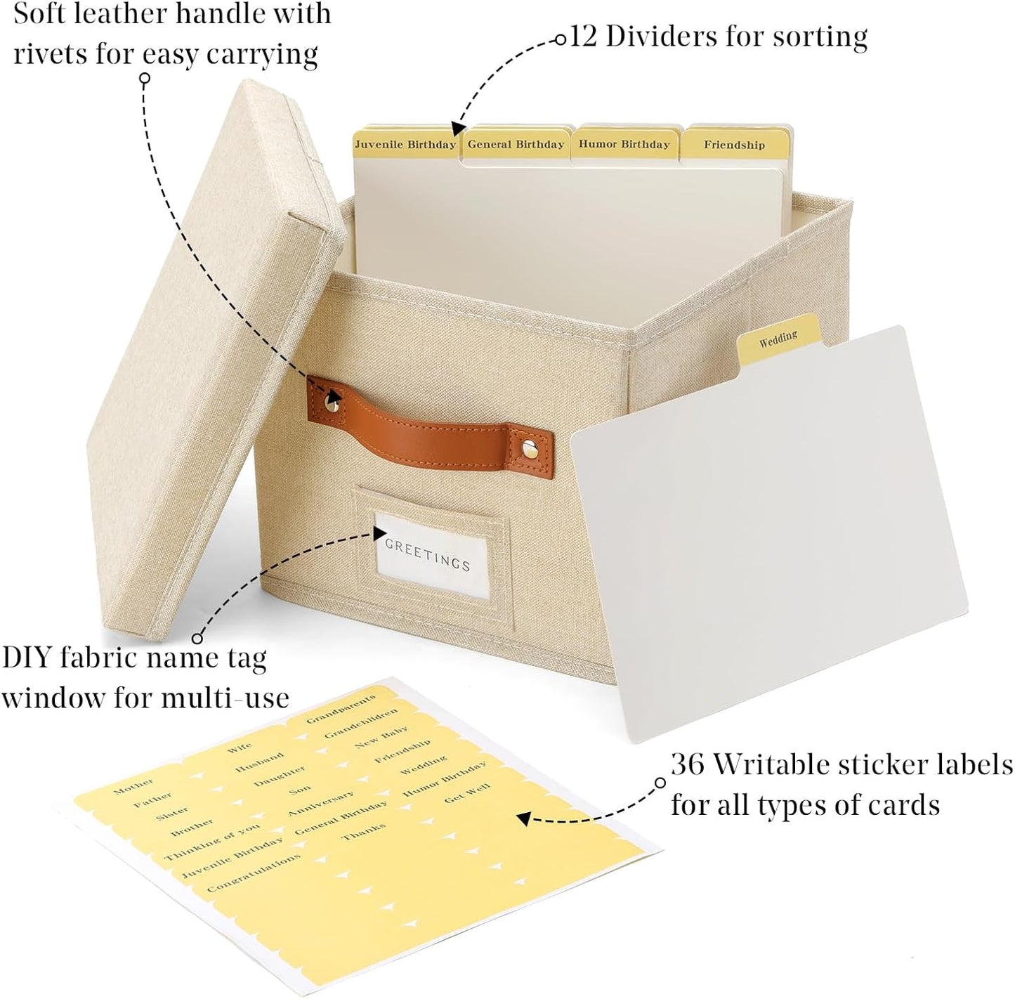 Greeting Card Organizer with dividers - Storage Box with lid Holds 150+ Cards - Assortment Box for Greeting Cards,Recipes, Photos, Envelopes, Keepsake - 9 x 9 x 7 Inches (Beige, 1 pcs)