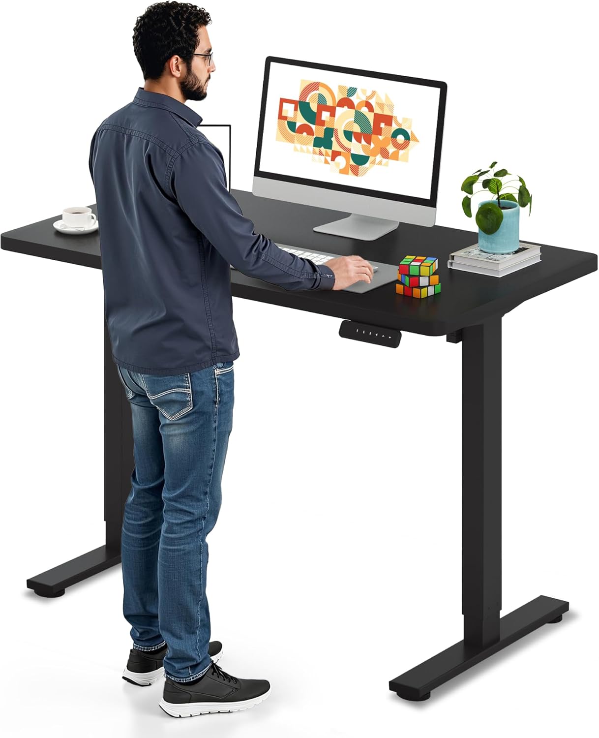 SANODESK Electric Standing Desk 40 x 24 Inches Whole-Piece Desktop Height Adjustable Stand Up Desk w/6-Button Controller Ergonomic Computer Desk for Home Office, Black Frame + Black Tabletop