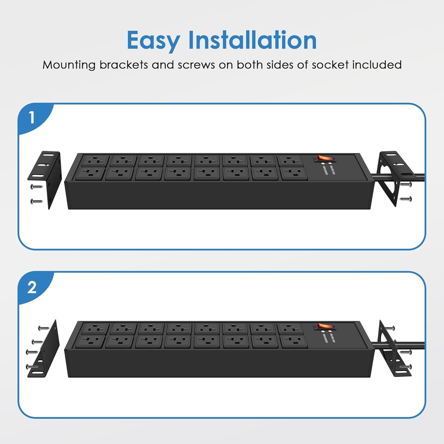 JUNNUJ Heavy Duty 20 Amp Power Strip 4800J, 16 Outlets 12 Gauge Garage Industrial Surge Protector, High Amp 5-15P Adapter Shop 6-20R T-Slot Metal Outlet, 15 FT Extension Cord Commercial for Appliance