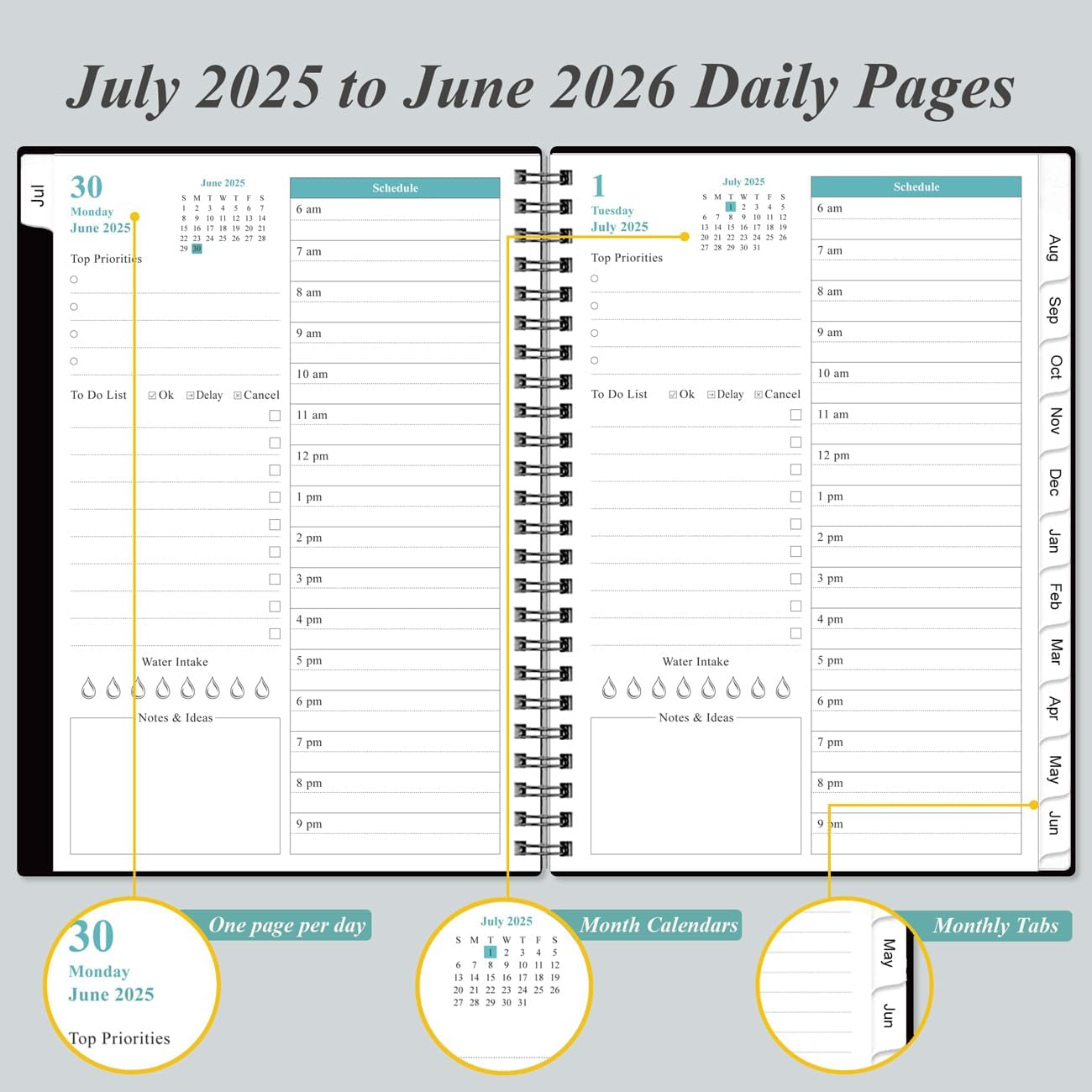 2025-2026 Daily & Monthly Planner - One Page Per Day, Daily Planner from July 2025 to June 2026, Planner 2025-2026 with 12 Monthly Tabs, 6.4" x 8.5", Black