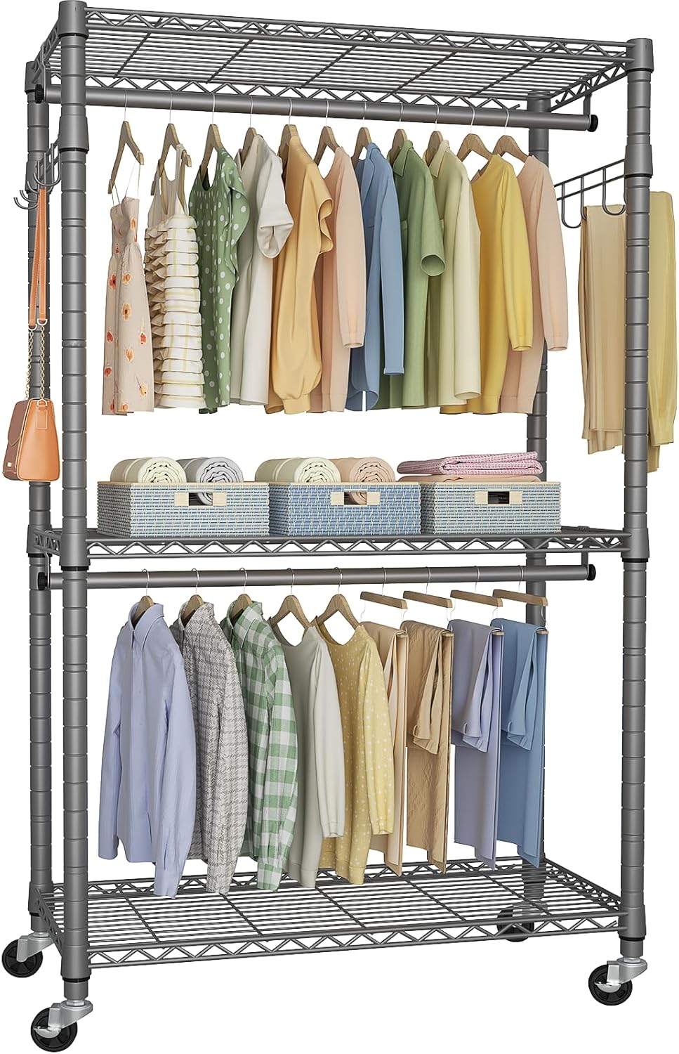 P1 Heavy Duty Garment Rack, 3 Tiers Adjustable Rolling Metal Closet Organizer with Lockable Wheels, FreeStanding Wardrobe with Double Hanger Rods & 1 Pair Hooks, Max Load 450 LBS, Gray