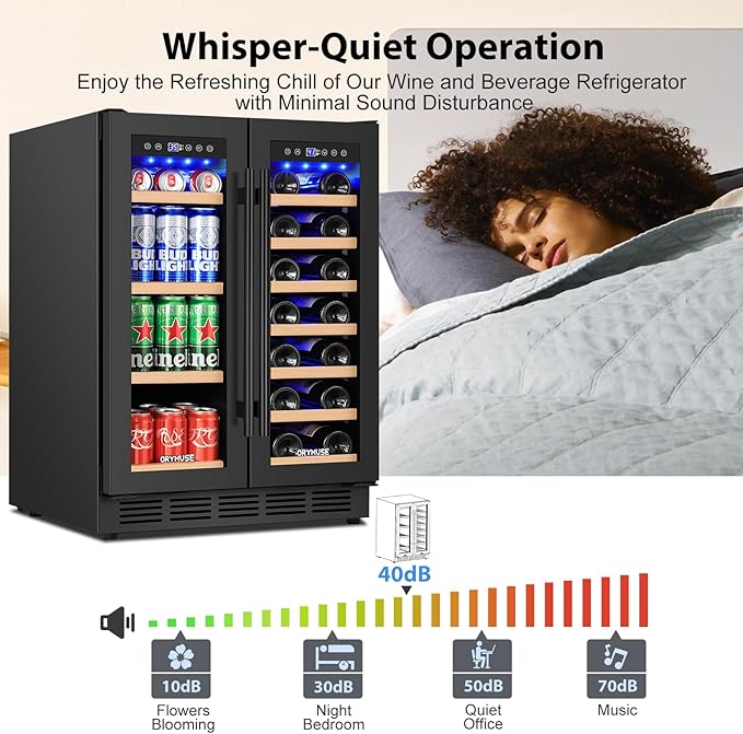 24" Dual Zone Wine & Beverage Refrigerator – Under Counter Cooler with Upgraded Cooling & Blue LED Light, Hold 20 Bottles and 88 Cans Large Capacity Wine Fridge, Built-In or Freestanding – Black