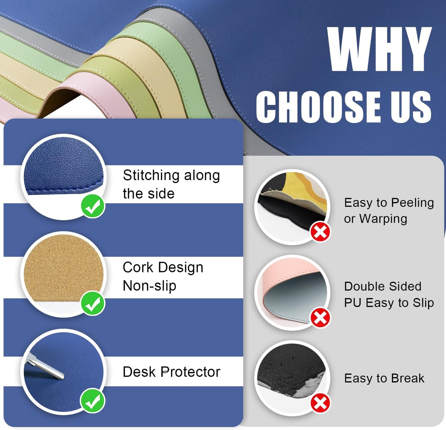 BLESWIN Large Desk Pad Mat 47.2"" x 17"", Office Desk Mat, Non-Slip PU Leather & Cork Desk Blotter for Keyboard and Mouse, Large Desk Mat, Large Mouse Pad for Office & Home(Dark Blue)