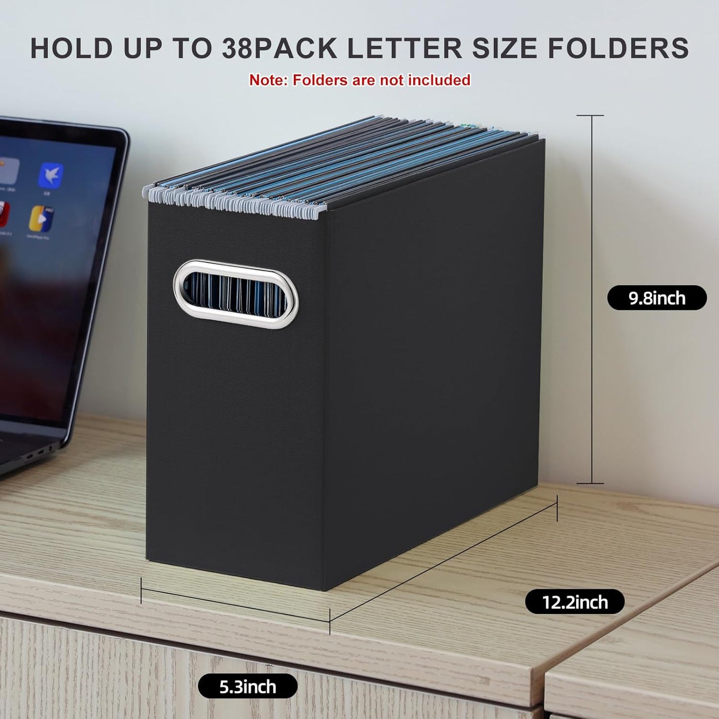 Oterri File Organizer, 2 Packs Small Storage Box, Cardboard File Folder Organizer, Collapsible File Box for Hanging File Folders Letter Size, Portable Filing Organizer with Handle（Black）