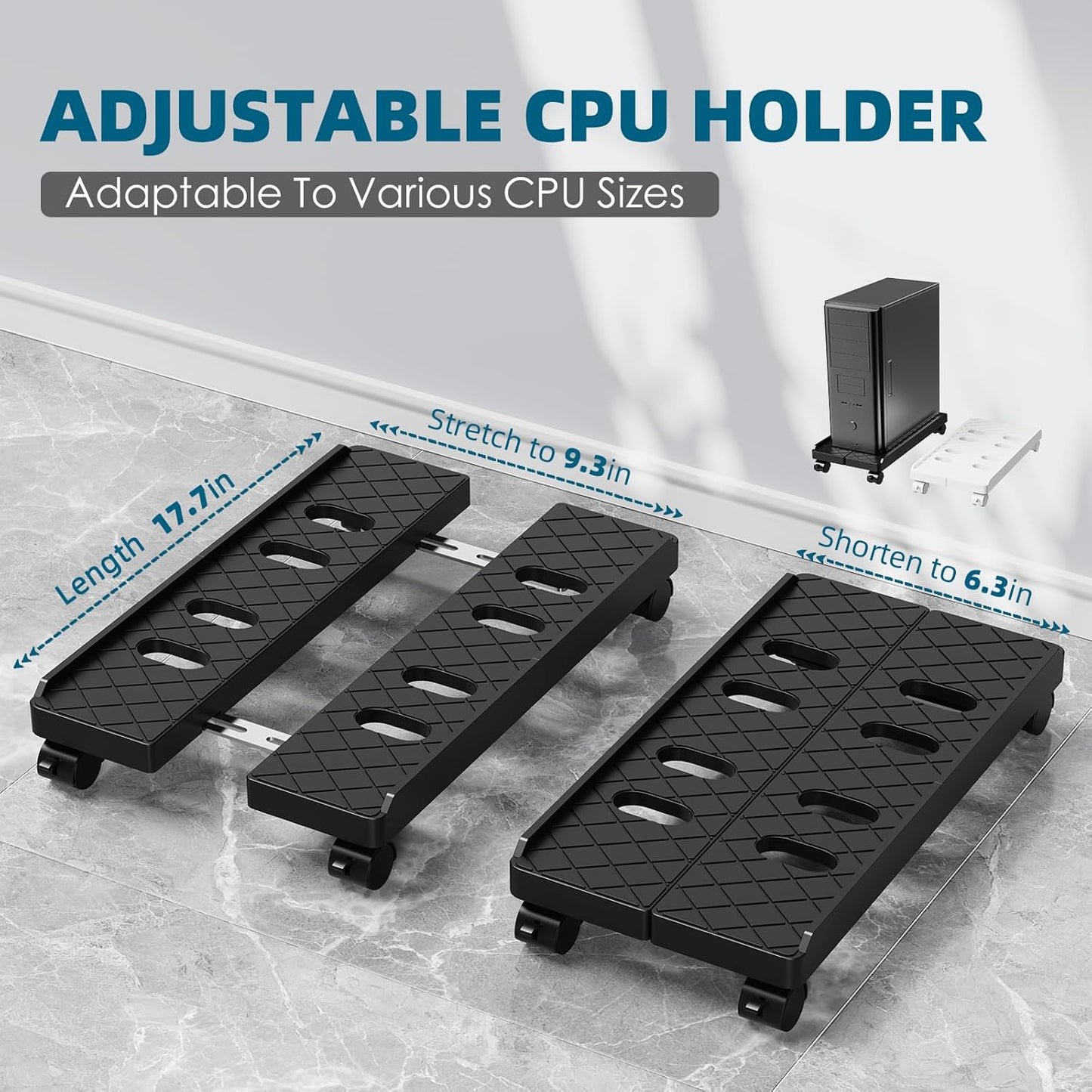 Adjustable Computer Tower Stand, Mobile CPU Stand with 4 Rolling Caster Wheels, Under Desk CPU Holder PC Floor Cart PC Riser for Gamers and Students (Black-Big)