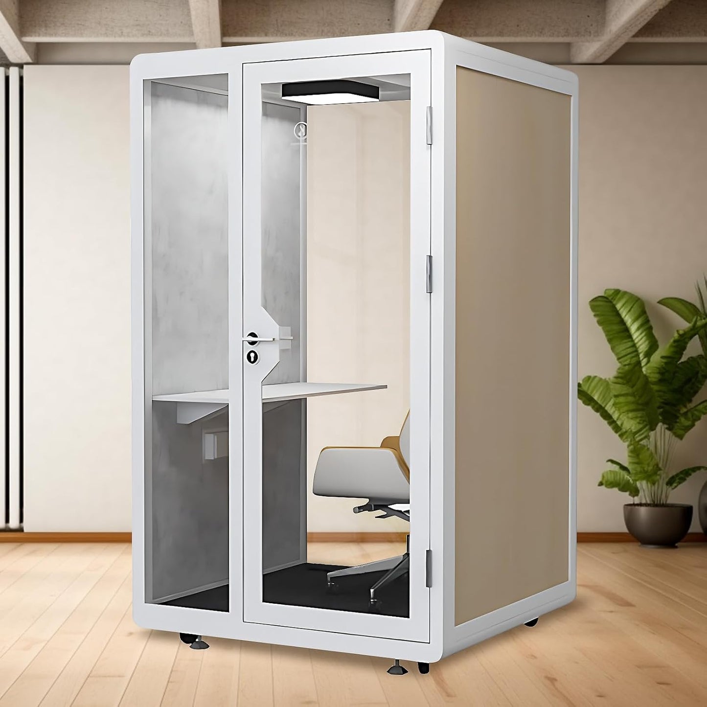 Office Sound Booth with Audio Privacy - Removable Soundproof Booth Includes White with Wood Grain Side Trim,Soundproof Room with Light,Fans, Socket for Singing Room,Telephone Booth (51.18IN)