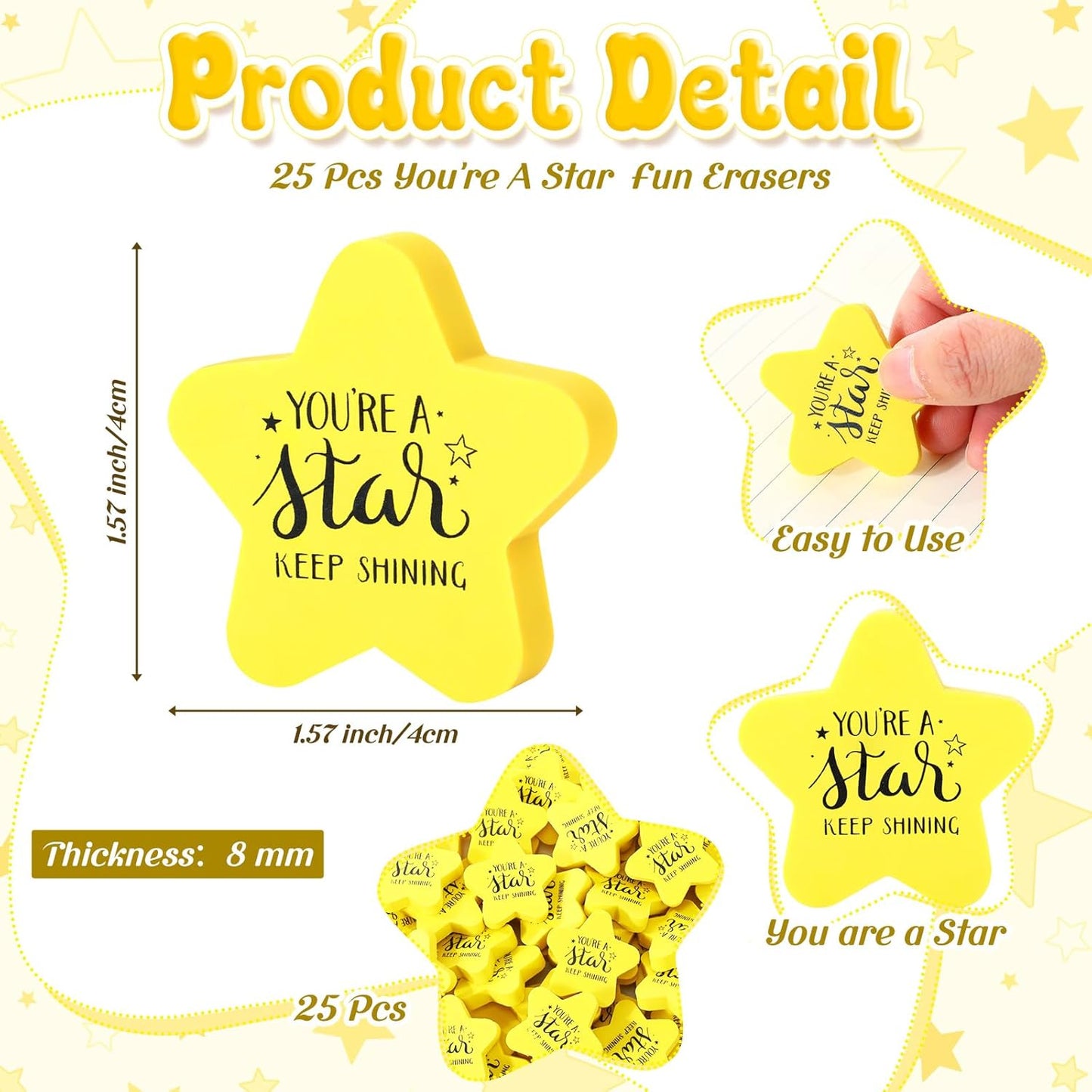 Spakon 25 Pcs Inspirational Star Erasers for Kids Bulk Cute Back to School Erasers 1.57" Fun Eraser for Classroom Prize You're A Star Yellow Motivational Gift for School Student Rewards