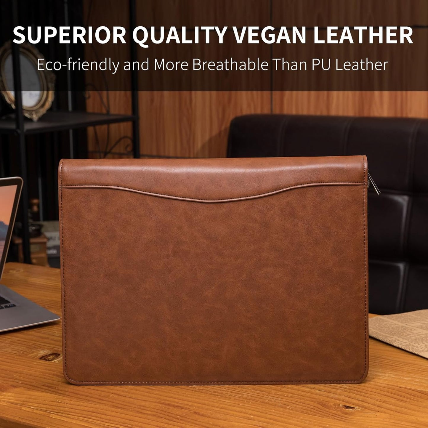 Personalized Vegan Leather Portfolio, Legal Size 8.5 x 14 Pad Holder, Custom Business Padfolio for Men Women, Zippered Laptop Organizer, Professional Notepad Folio, Brown