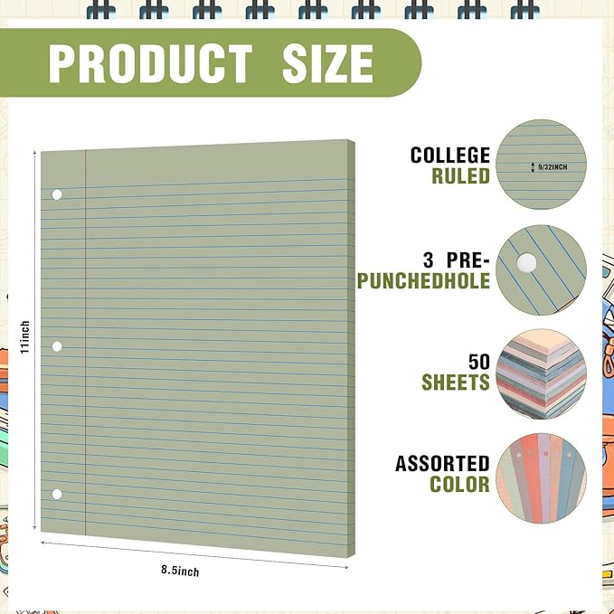 PerKoop 600 Sheets Colored Loose Leaf Paper 8.5" x 11" college ruled Lined 3 Hole Punched notebook Filler Paper for 3 Ring Binders Office School Supplies (Retro Color)