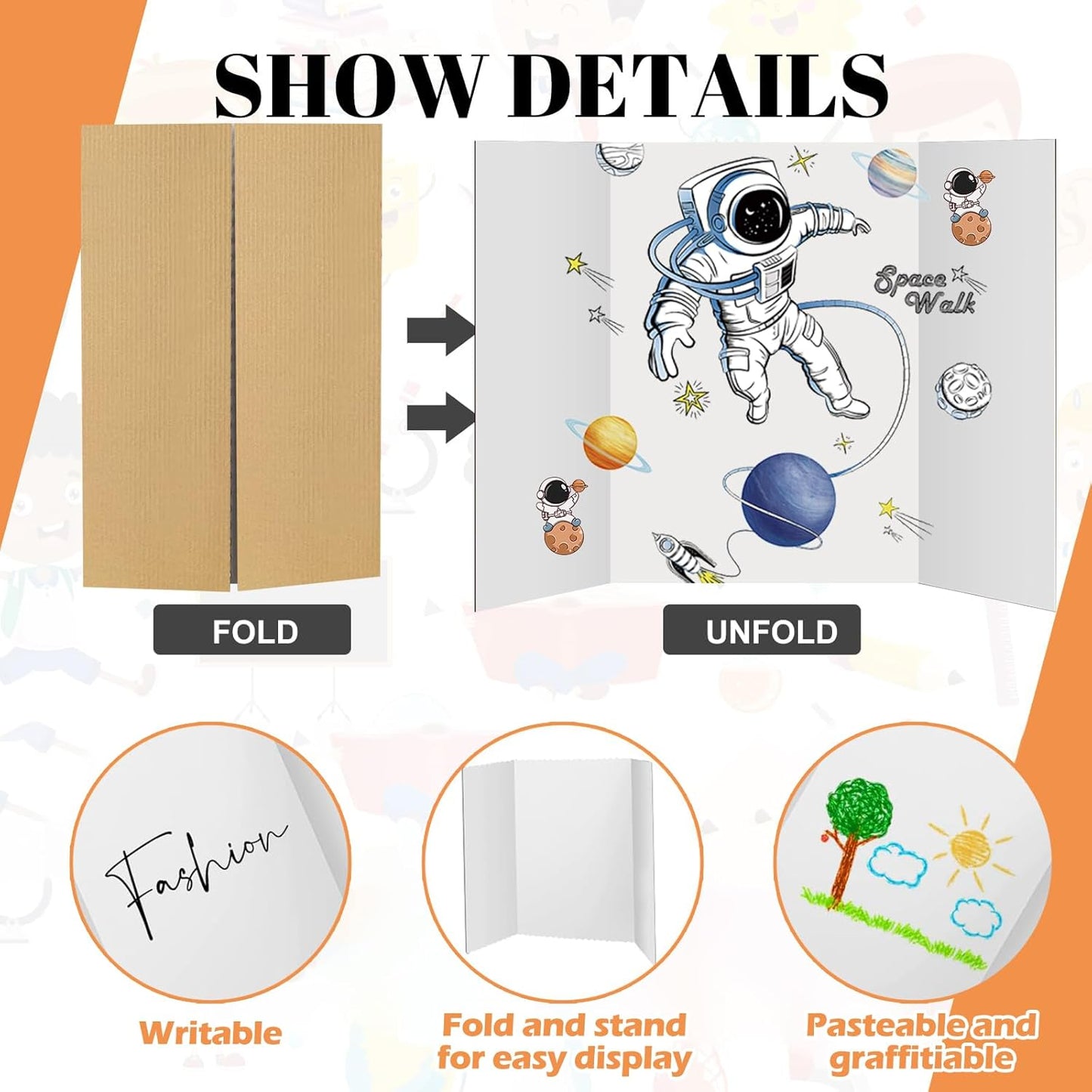 8 Pack 36"x48" Large Trifold Poster Display Board with Headers,White Foldable Presentation Paper Board with 8 Science Subtitles and 64 Self-Adhesive for School Science Business Project Display