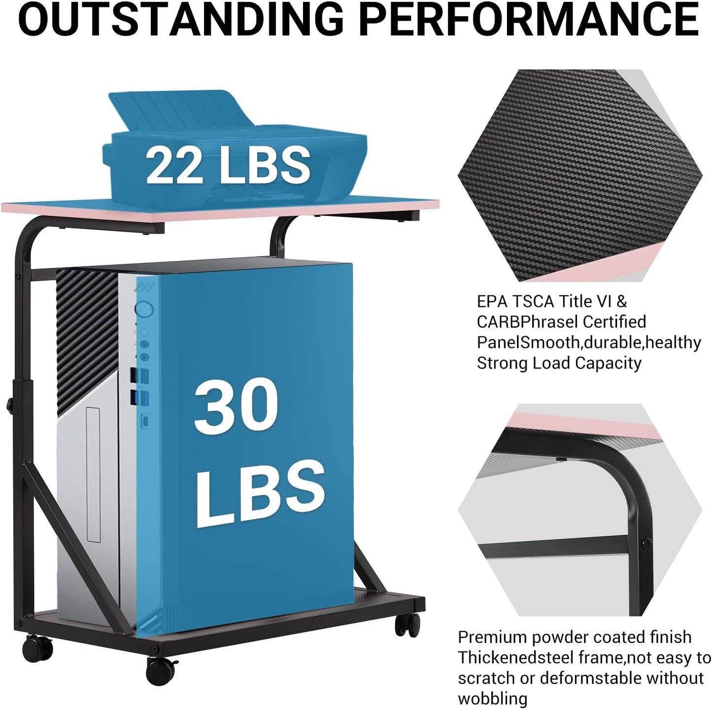 Ergonomic Height Adjustable Computer Tower Stand, 2-Tier CPU Holder Cart Under Desk, PC Floor Stand for Office Gaming Black and Pink