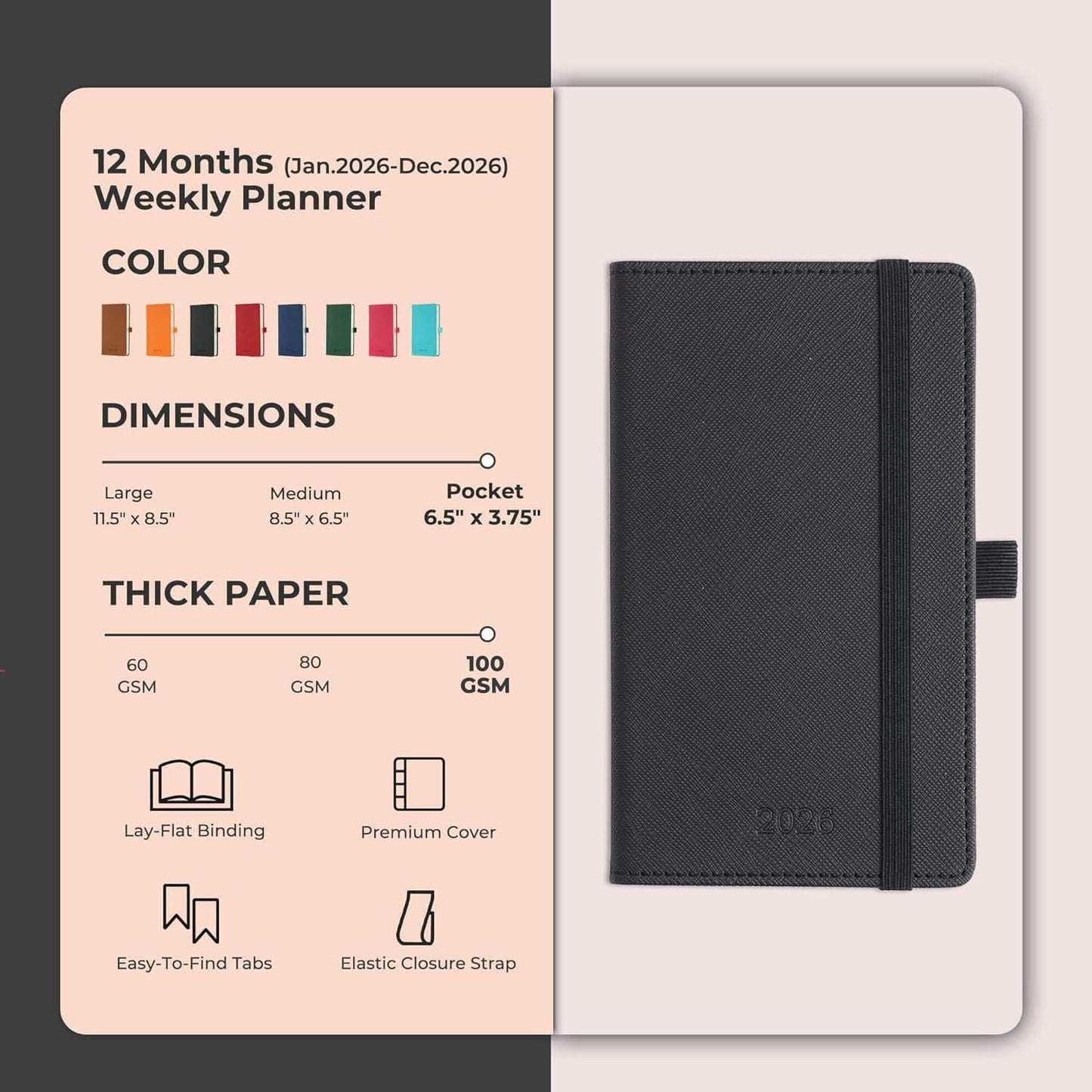 Weekly Monthly 2026 Planner (Jan.26-Dec.26),6.5"x3.75",12 Months Agenda Plan with Month Tabs & Pocket,Expenses/Note Pages, Appointment Book Calendar with Hardcover Vegan Leather Cover,Black