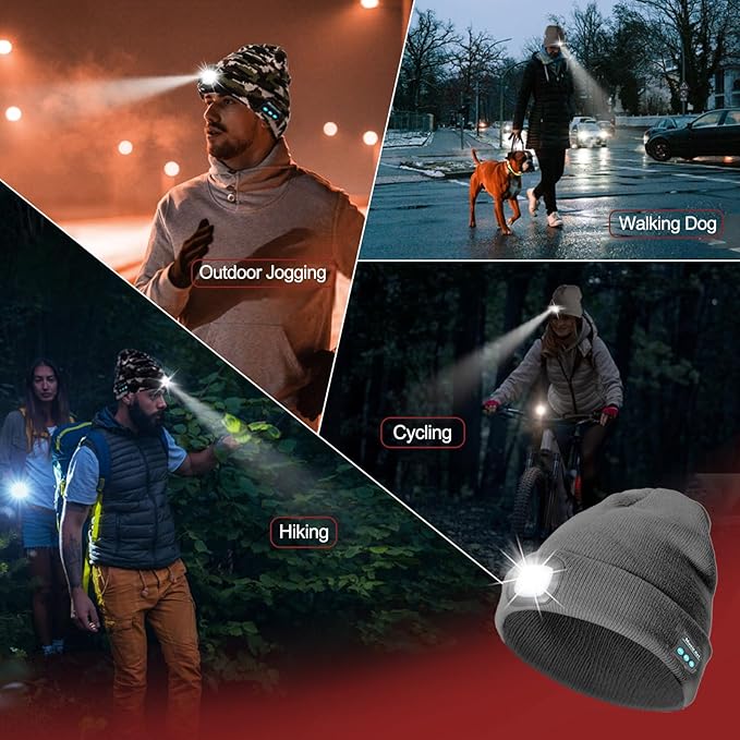 Gifts for Men, Rechargeable Bluetooth Music Unisex Beanie Hat with Light, Stocking Stuffers for Women, Birthday Gifts for Men, for Him, Grey