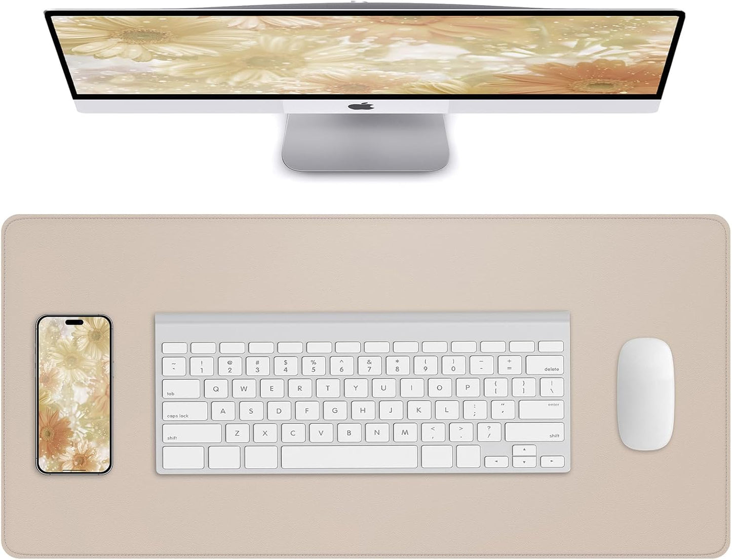 Desk Pad Mat 23.6"x13.7" - Waterproof Mouse Pad & Desk Protector, Non-Slip PU Leather for Gaming Keyboard/Mouse, Stitched Edge XL Office Desk Pad with Ergonomic Support(Beige)