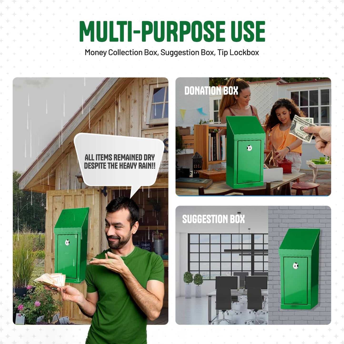 Metal Donation Box-Suggestion Box with Slot and lock-Cash Lock box for Money-Waterproof Drop Box-Comment and ballot voting box-comes with pre-drilled holes for easy wall mounting 10 X 6 X 2.5"(Green)