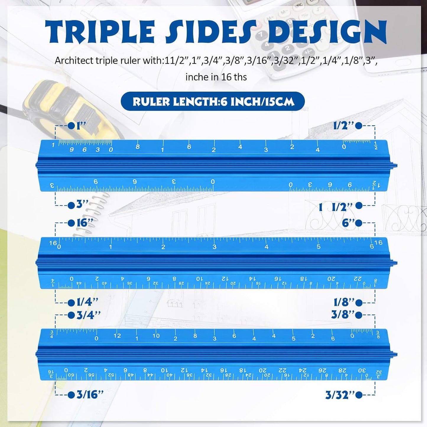 Fumete 12 Pack 6 Inch Architectural Engineering Scale Rulers Small Scale Ruler Pocket Size Scale Ruler Construction Rulers Imperial Measurements for Architects Engineering, Draftsman Drawing(Blue)