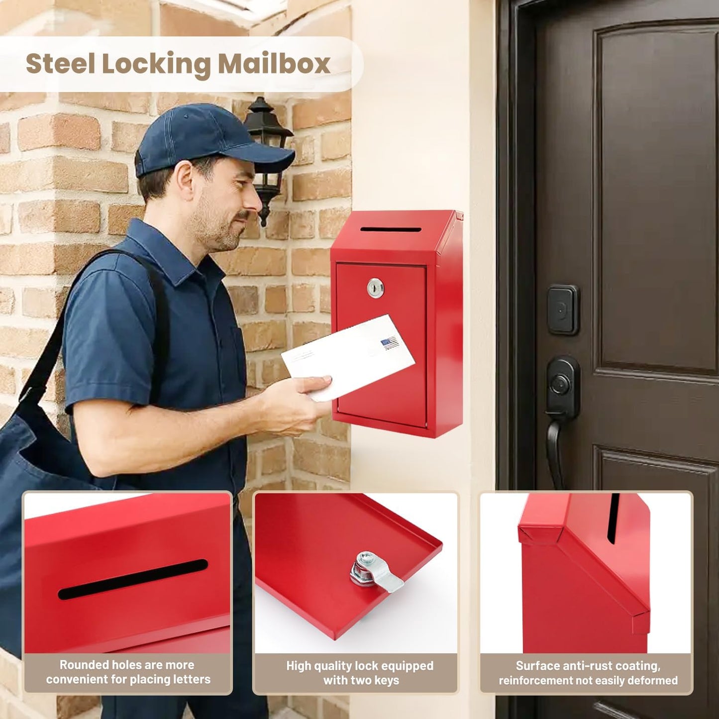 Metal Donation Money Cash Drop Box with Lock and Slot Suggestion Box Wall Mounted Ballot Container Mailbox Delivery for Home Office (Red, 10.24″ x 5.71″ x 2.95″)