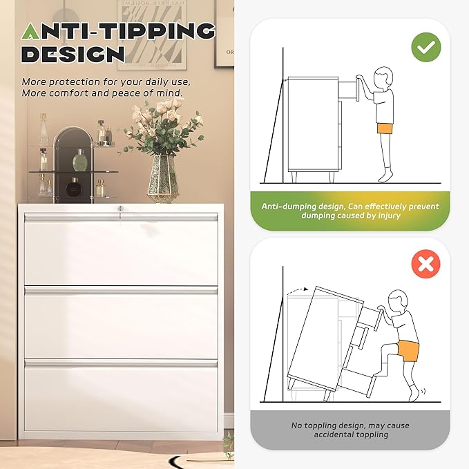 Superday Lateral File Cabinet 3 Drawer Metal File Cabinet with Lock, White Filing Cabinets for Home Office, Locking Filing Cabinets Hanging Files Letter/Legal/F4/A4