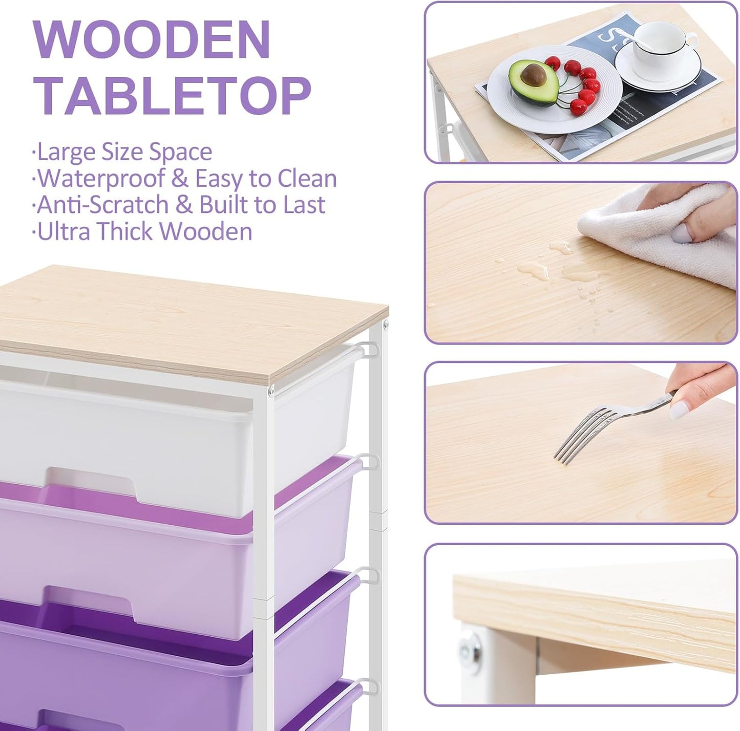 Utility Cart with 4 Drawers,Rolling Storage Cart with Drawers,Storage Rolling Drawer Cart with Wooden Tabletop for Bedroom,Kid's Room,Dorm,Classroom,Office, Purple