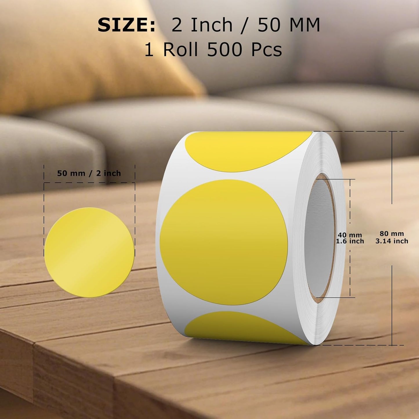 500 PCS Colored Dot Stickers 2 Inch Vinyl Yellow Circle Labels Removable Waterproof Color Coding Round Floor Sticker for Inventory School Marking Organization