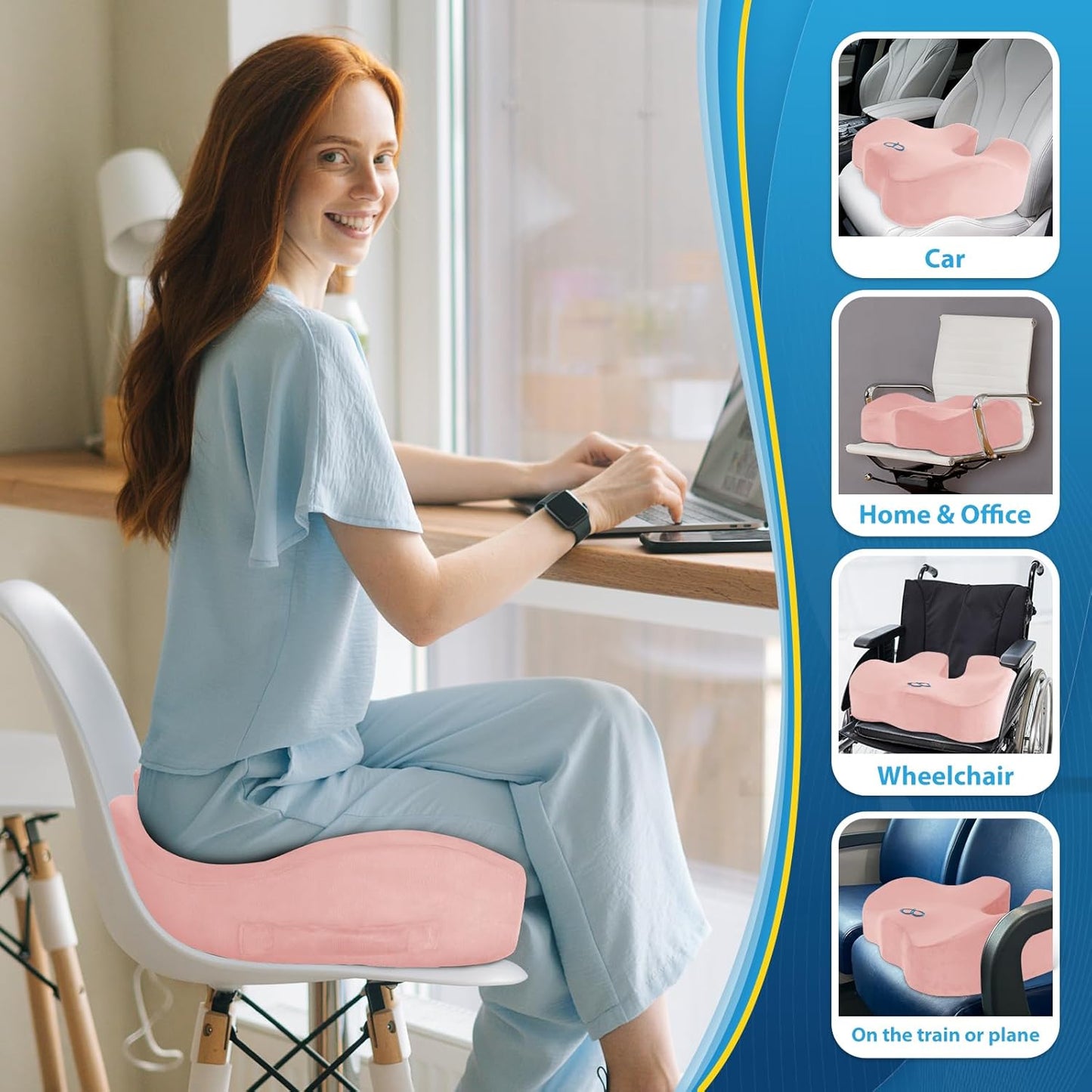 BlissTrends Seat Cushion,5.2in Thick Memory Foam Cushions for Office Chair, Car Seat, Airplane, Relieving Pressure Tailbone Sciatica Back Pain for Long Sitting Office Workers, Car Drivers Pink