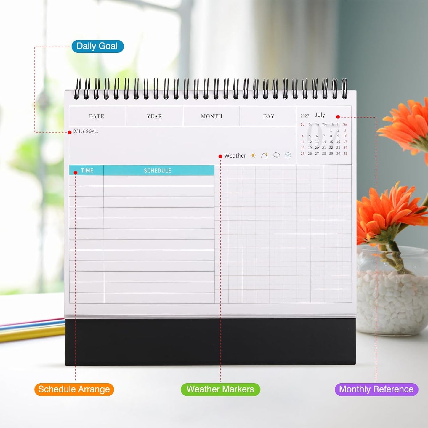 Desk Calendar 2026-2027, 2 Years Calendar Runs from Jan. 2026 until Dec 2027, Table Monthly Planner with Stickers for Home,Office,School Organization(L-Black+White,9.8" x 9.6")