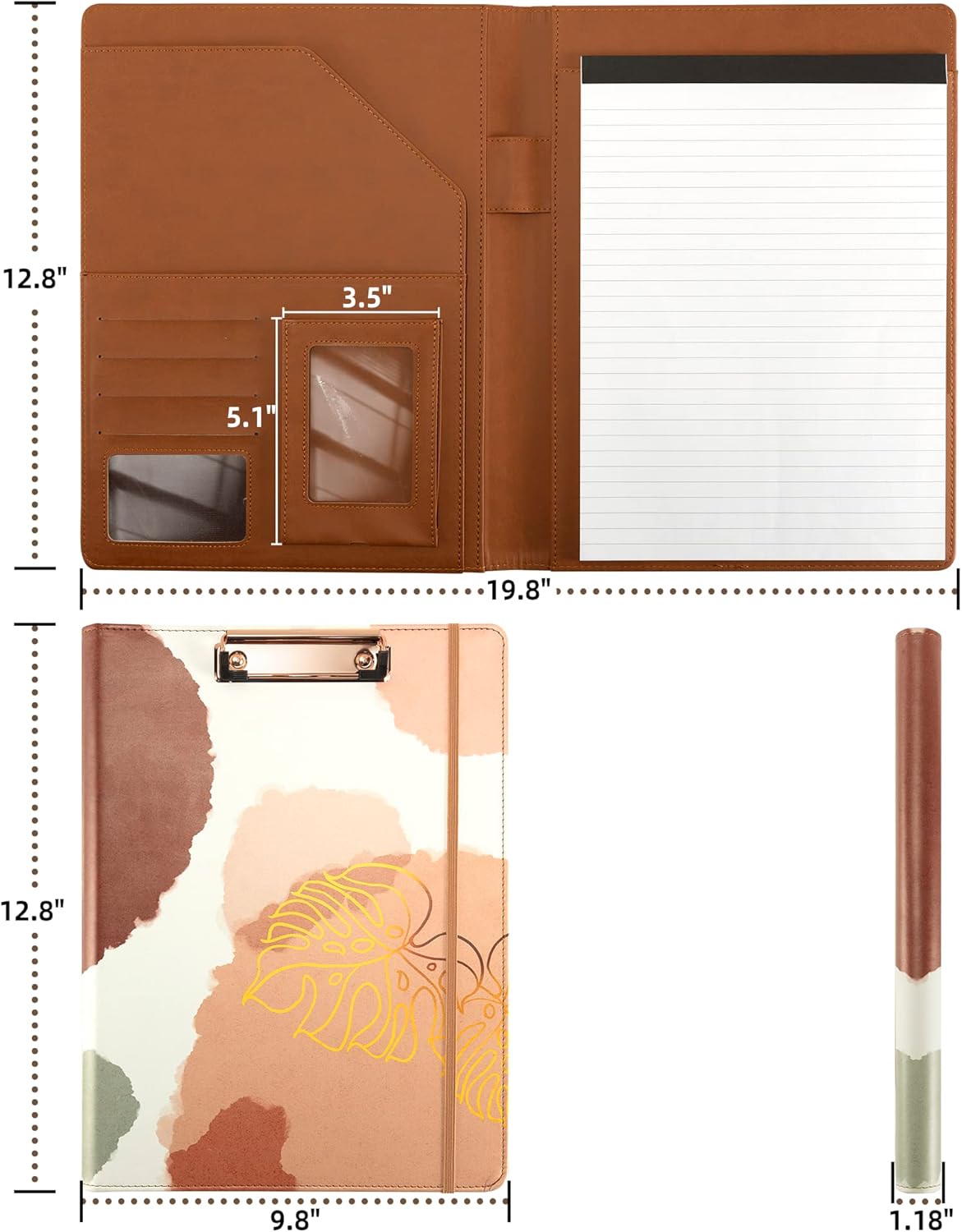 Clipboard Folio Folder Portfolio with Notepad-Pocket Business Card Holder Brown Faux PU Leather Portfolio