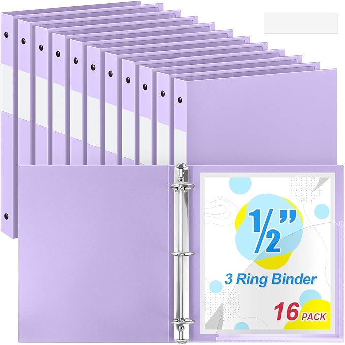 Henoyso 16 Pcs 3 Ring Binder 1/2'' Round Fits Letter Size 8. 5'' x 11'' Paper Plastic Flexible Binder Holds 100 Sheets with 1 Pockets Versatile Organizer for Office Home School (Light Purple)