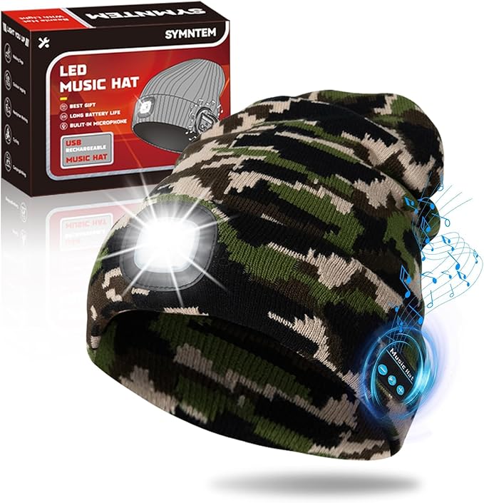 Gifts for Men, Rechargeable Bluetooth Music Unisex Beanie Hat with Light, Stocking Stuffers for Women, Birthday Gifts for Men, for Him, Camouflage