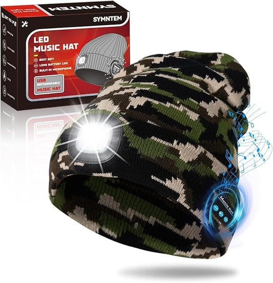 Gifts for Men, Rechargeable Bluetooth Music Unisex Beanie Hat with Light, Stocking Stuffers for Women, Birthday Gifts for Men, for Him, Camouflage